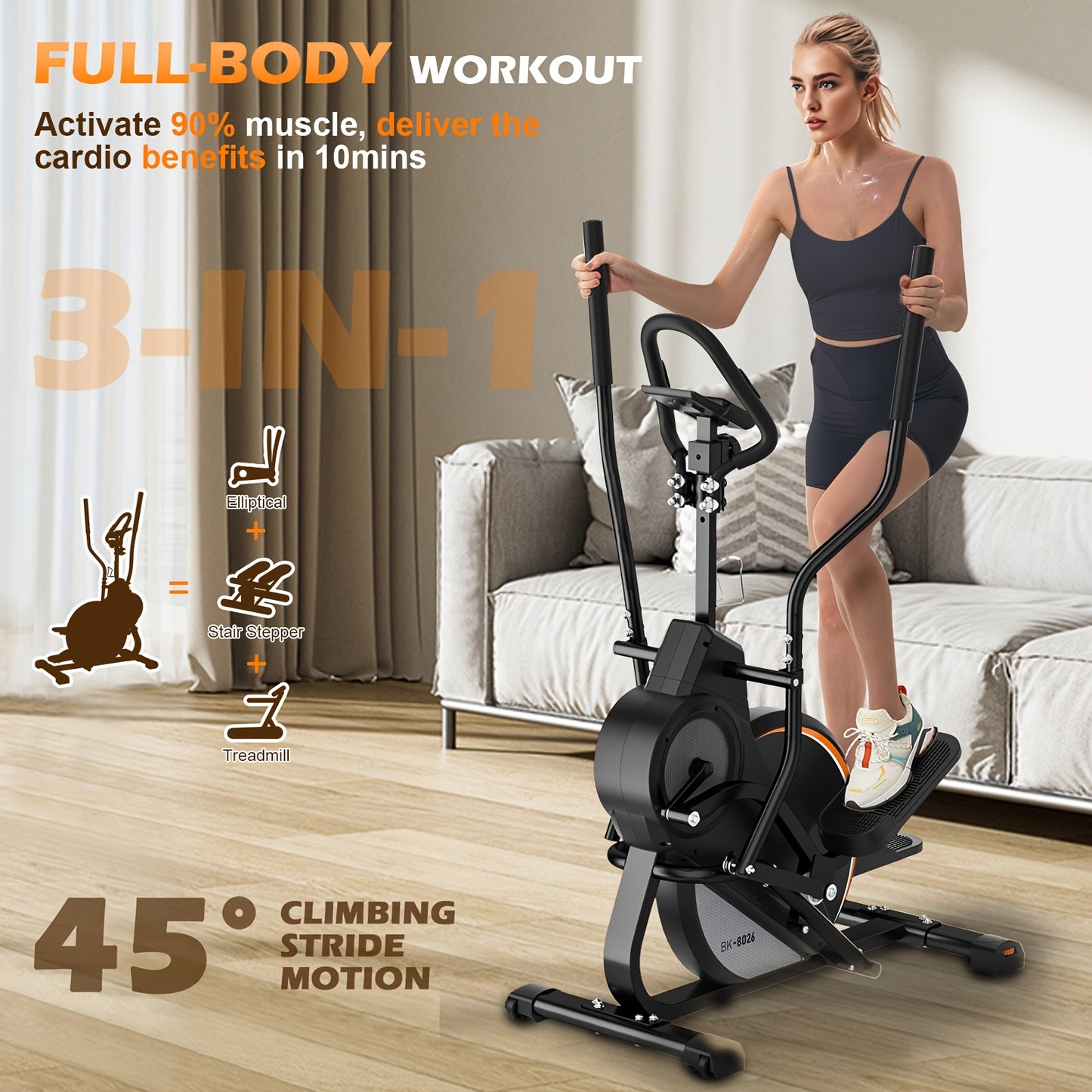 YOSUDA Pro 3-in-1 Elliptical Cardio Climber & Stair Stepper - Quiet Magnetic Drive, 16 Resistance Levels, Battery Powered (AAA), Black with Orange Accents, Total Body Fitness Trainer for Home Workouts