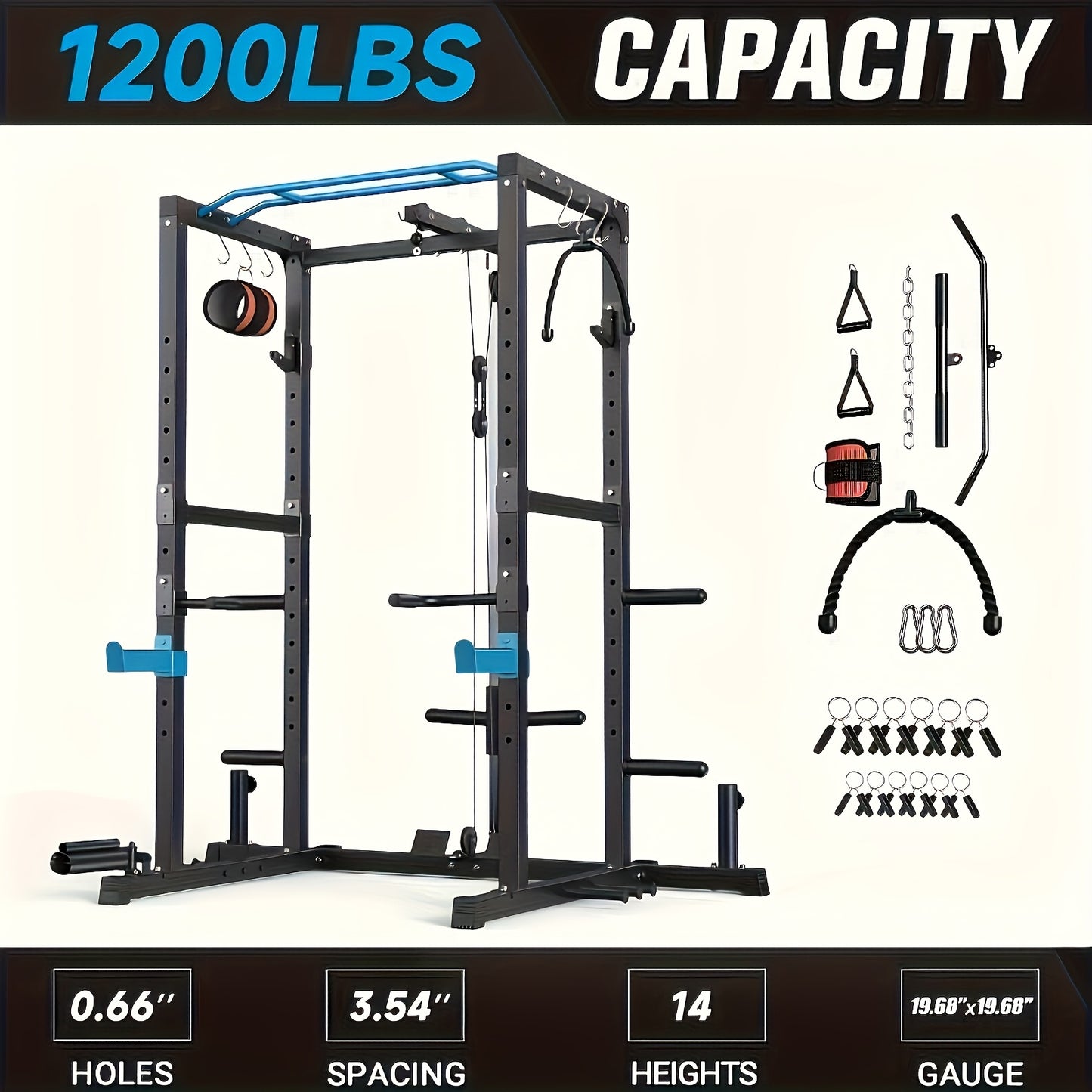 Ultimate Home Gym Power Cage - 1200lbs Capacity, Multi-Function with Adjustable Cable System & Attachments, Includes Weight Bench, Leg Extension & Curl Machine