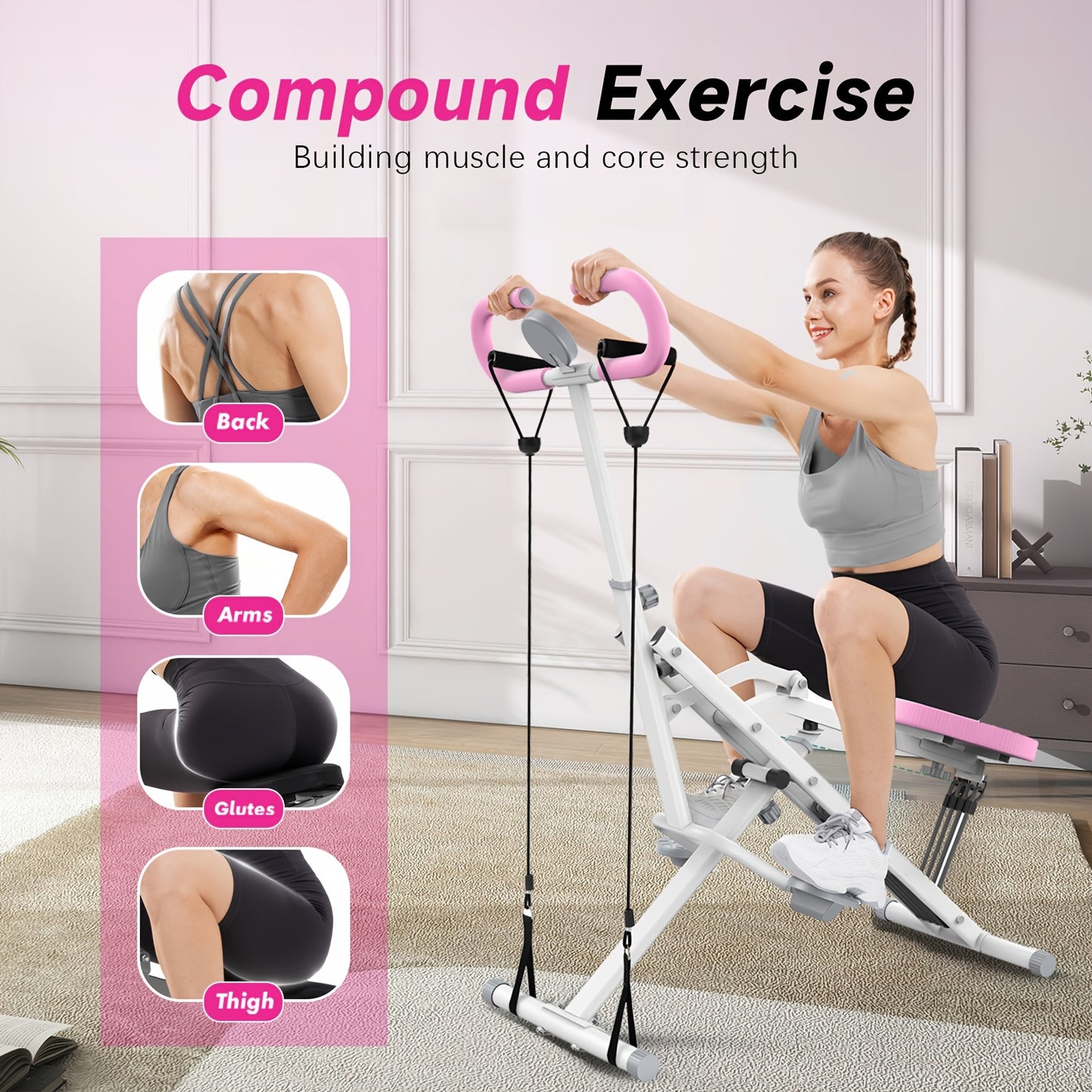 330 LBS Capacity Space-Saving Multifunctional Squat Rowing Machine for Home Yoga, 4 Adjustable Resistance Levels, Foldable & Easy Set Up, Full Body Workout Home Gym, Grey\u002FPink