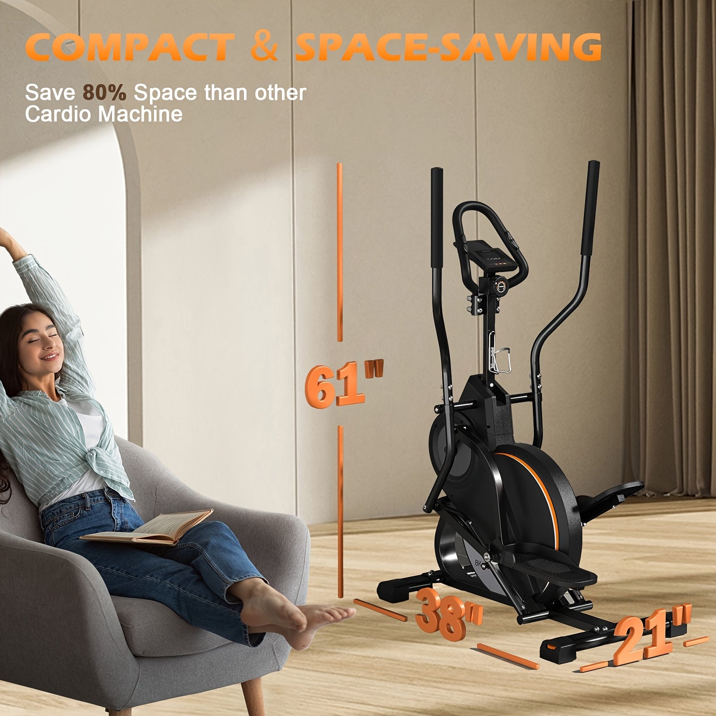 YOSUDA Pro 3-in-1 Elliptical Cardio Climber & Stair Stepper - Quiet Magnetic Drive, 16 Resistance Levels, Battery Powered (AAA), Black with Orange Accents, Total Body Fitness Trainer for Home Workouts