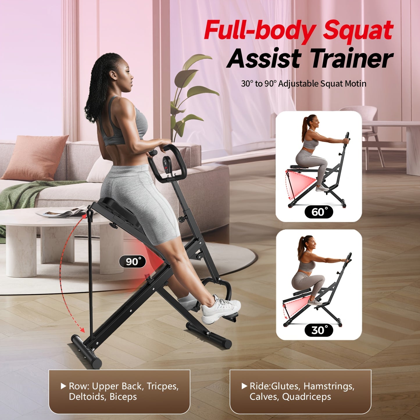 330 LBS Capacity Space-Saving Multifunctional Squat Rowing Machine for Home Yoga, 4 Adjustable Resistance Levels, Foldable & Easy Set Up, Full Body Workout Home Gym, Grey\u002FPink