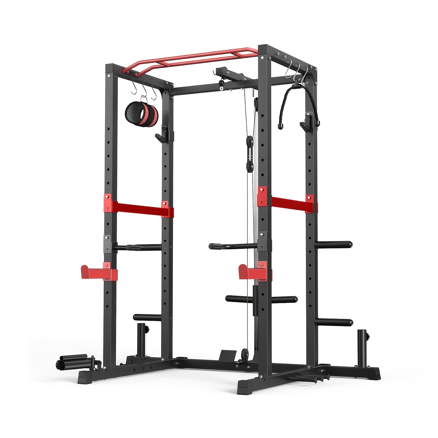 1pc Red Power Cage 1200lbs Multi-Functional Weight Rack with Adjustable Cable System, Home Gym Equipment, Grip Strength Training Bench with Leg Extension & Curl Machine, No Electricity Needed, Gym Accessories