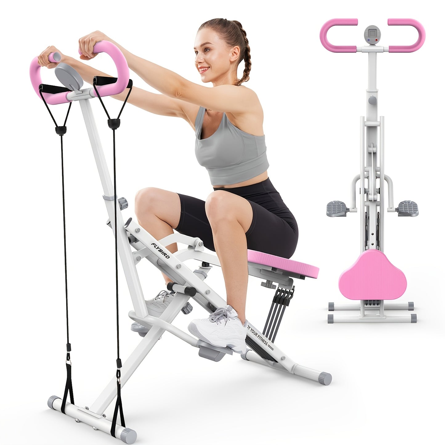 Multifuntional Squat Rowing Machine for Home Yoga, 4 Adjustable Resistance Levels, 330 LBS Capacity, Foldable & Easy Set Up, Effectively Exercise Arm And Leg Muscles, Improve The Body's Motor Coordination, Full Body Workout Home Gym, Grey\u002FPink