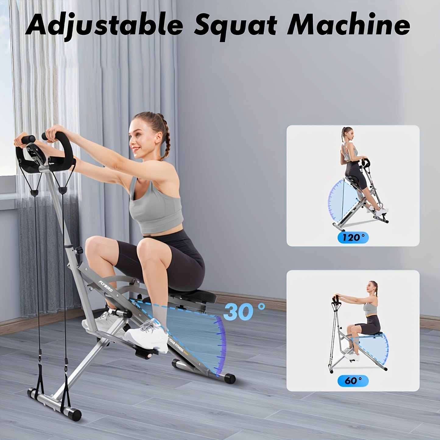 Multifuntional Squat Rowing Machine for Home Yoga, 4 Adjustable Resistance Levels, 330 LBS Capacity, Foldable & Easy Set Up, Effectively Exercise Arm And Leg Muscles, Improve The Body's Motor Coordination, Full Body Workout Home Gym, Grey\u002FPink