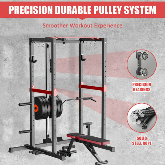 1pc Red Power Cage 1200lbs Multi-Functional Weight Rack with Adjustable Cable System, Home Gym Equipment, Grip Strength Training Bench with Leg Extension & Curl Machine, No Electricity Needed, Gym Accessories