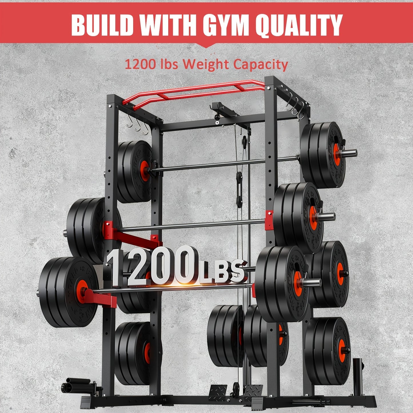 1pc Red Power Cage 1200lbs Multi-Functional Weight Rack with Adjustable Cable System, Home Gym Equipment, Grip Strength Training Bench with Leg Extension & Curl Machine, No Electricity Needed, Gym Accessories