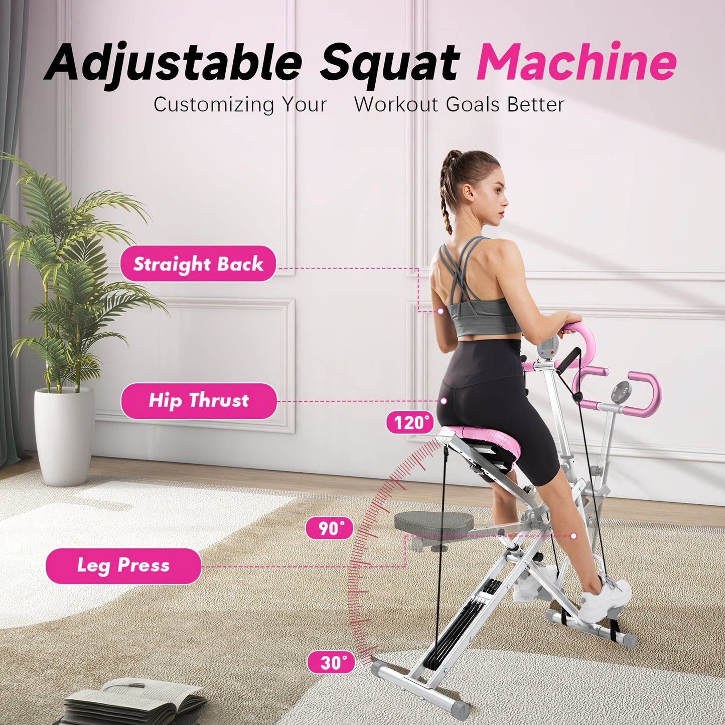 330 LBS Capacity Space-Saving Multifunctional Squat Rowing Machine for Home Yoga, 4 Adjustable Resistance Levels, Foldable & Easy Set Up, Full Body Workout Home Gym, Grey\u002FPink