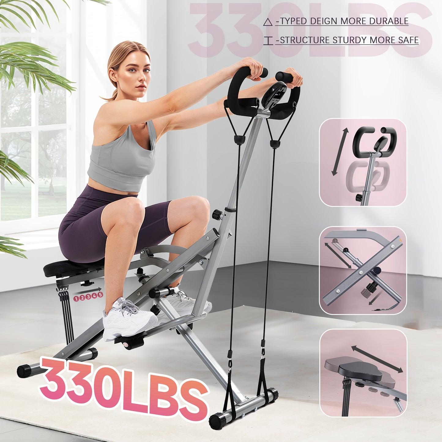 330 LBS Capacity Space-Saving Multifunctional Squat Rowing Machine for Home Yoga, 4 Adjustable Resistance Levels, Foldable & Easy Set Up, Full Body Workout Home Gym, Grey\u002FPink