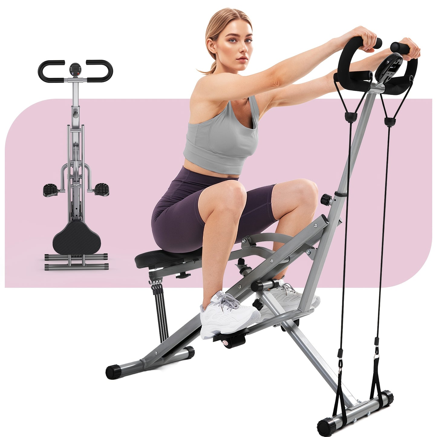 330 LBS Capacity Space-Saving Multifunctional Squat Rowing Machine for Home Yoga, 4 Adjustable Resistance Levels, Foldable & Easy Set Up, Full Body Workout Home Gym, Grey\u002FPink